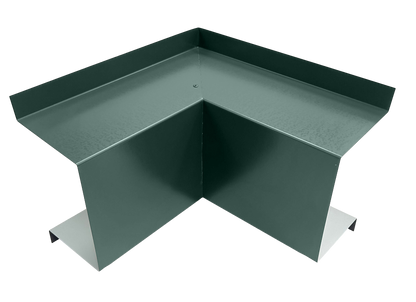 A green metal corner piece with smooth surfaces and sharp edges, forming an inward right-angle corner. This premium quality piece has vertical and horizontal extensions, suggesting its use in construction or roofing applications. Ideal for HVAC line set covers, the Perma Cover Commercial Series - 24 Gauge Line Set Cover Inside Corner Elbows - Premium Quality is set against a plain white background.