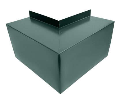 A 3D rendering of a green, angular, metal roof cap with sharp edges and a rectangular flat top. The design is industrial and geometric, forming a peaked structure. Crafted from Commercial Series - 24 Gauge Line Set Cover Outside Corner Elbows - Premium Quality by Perma Cover for durability, it ensures easy installation against the plain, grayish background.