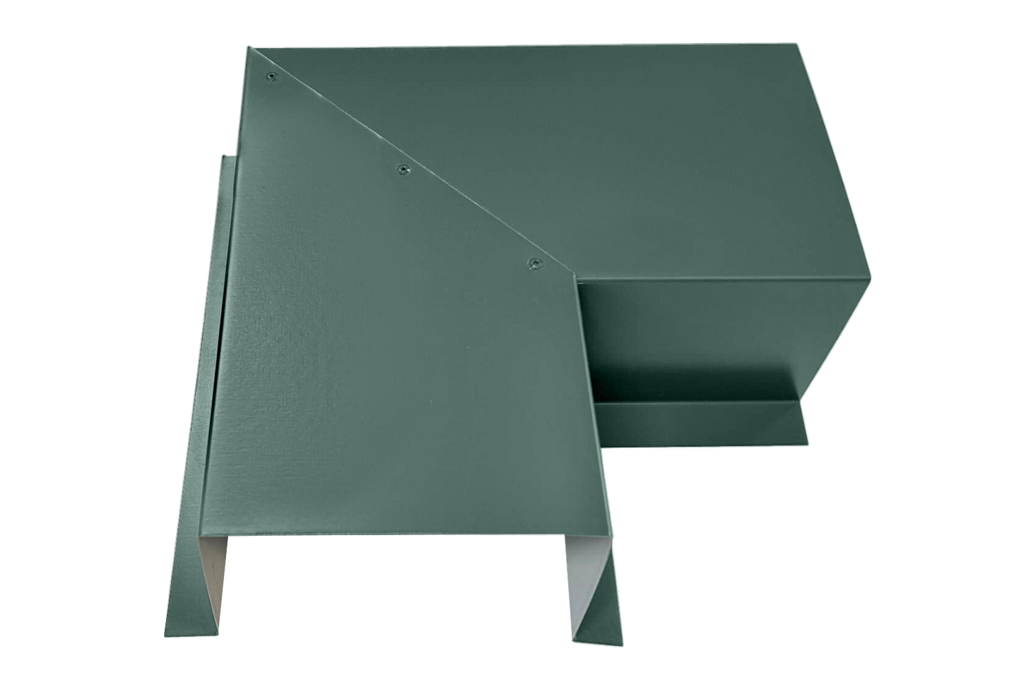 A green, geometric metal object with multiple triangular and rectangular surfaces, featuring sharp edges and small hinges or screws. Made from premium quality 24 gauge steel, the design suggests it could be a Perma Cover Commercial Series - 24 Gauge Line Set Cover Side Turning Elbows - Premium Quality. The background is plain white.