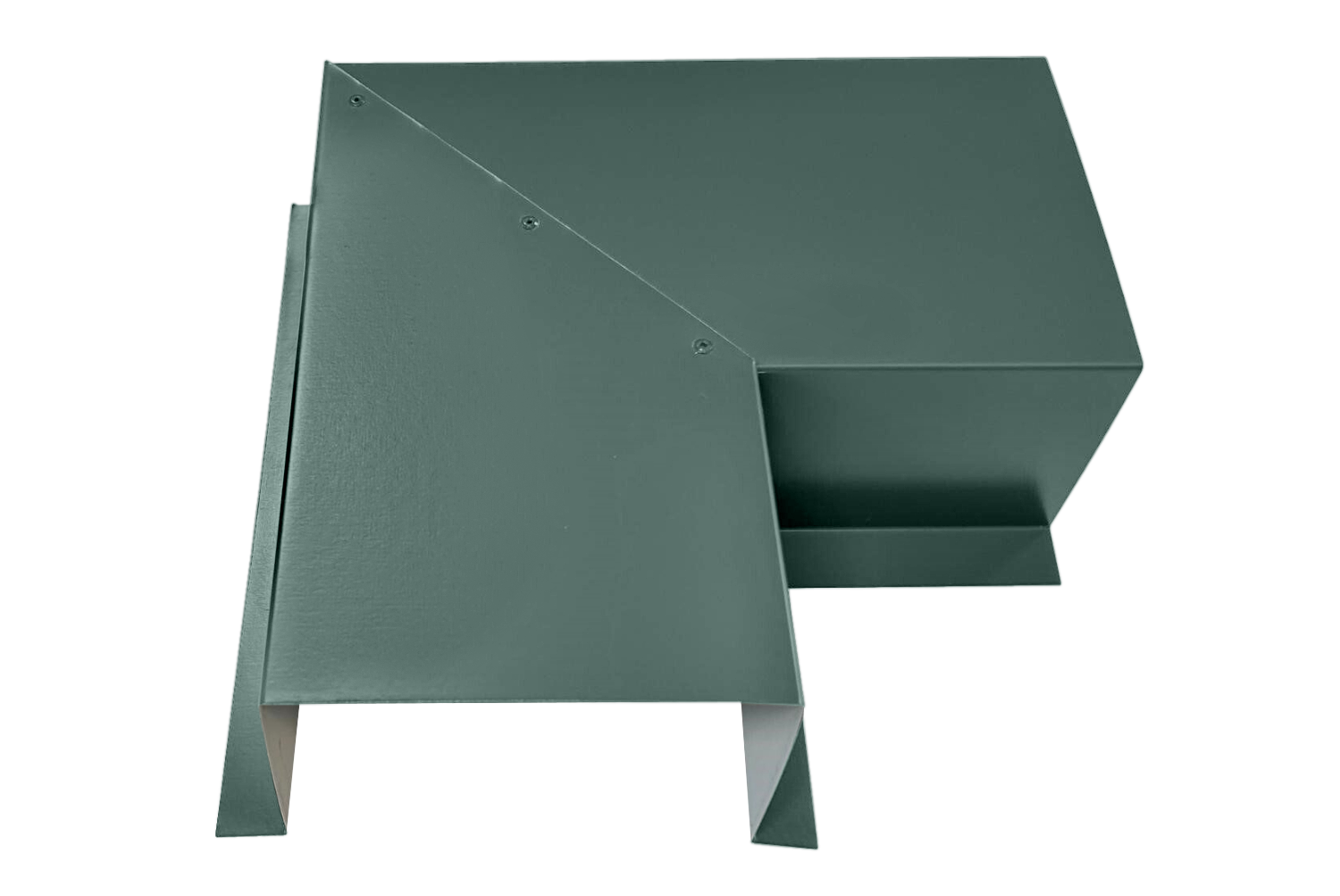 A green, geometric metal object with multiple triangular and rectangular surfaces, featuring sharp edges and small hinges or screws. Made from premium quality 24 gauge steel, the design suggests it could be a Perma Cover Commercial Series - 24 Gauge Line Set Cover Side Turning Elbows - Premium Quality. The background is plain white.