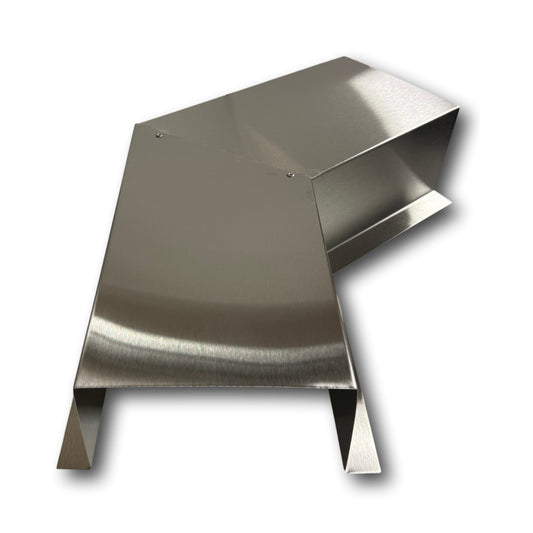 A PermaCover Metal HVAC Line Set Cover 45° Side Turning Elbow that is made to attach to exterior walls to cover existing HVAC line sets. The elbow is made from 22 Gauge Stainless Steel.