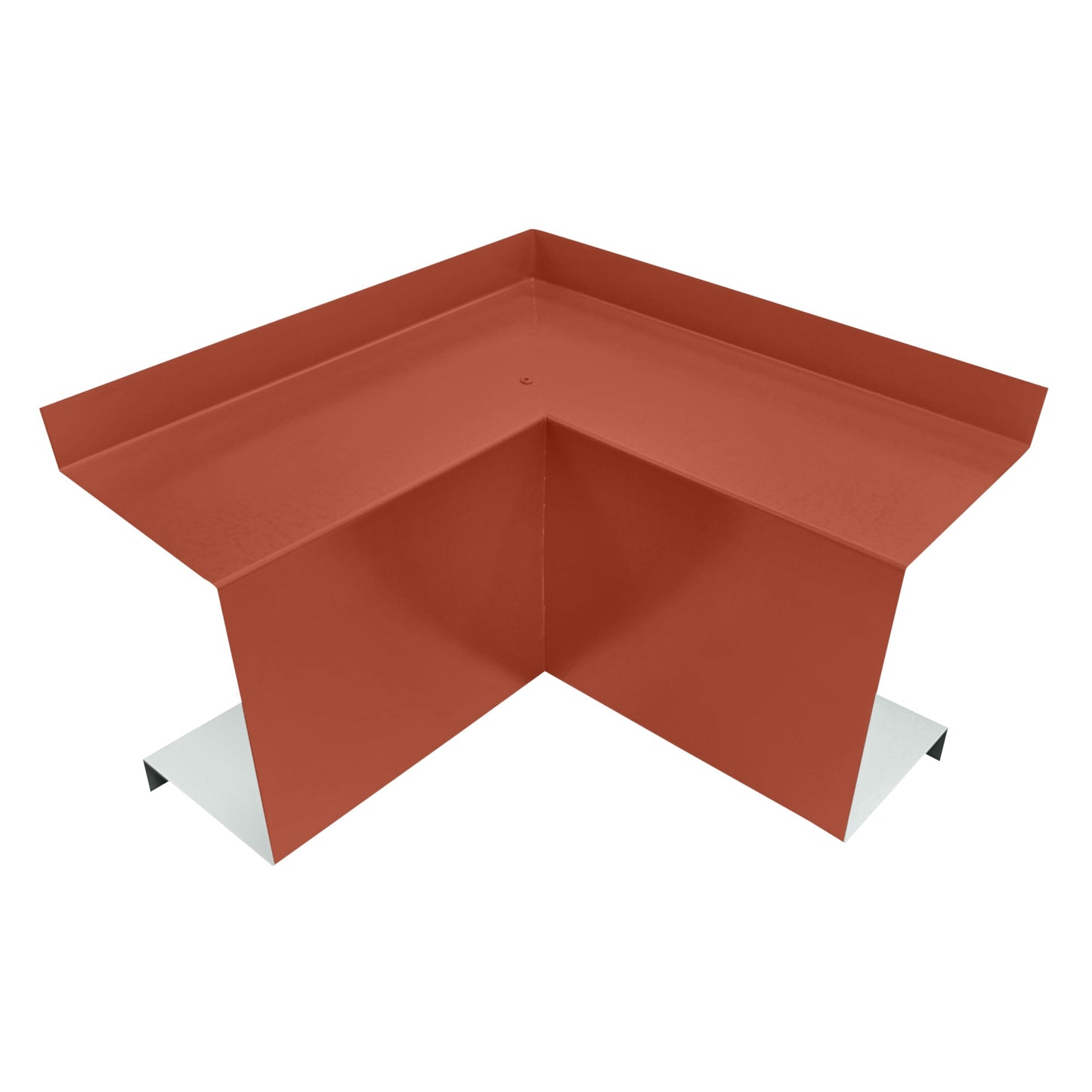 A red metal corner piece with a right-angle bend, typically used for roofing or HVAC installations. The piece features a folded edge for fitting against two perpendicular surfaces, providing support and sealing. Perfect for Perma Cover Residential Series - Line Set Cover Inside Corner Elbows - Premium Quality, the background is plain white.