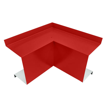 A red, angular, metal Residential Series - Line Set Cover Inside Corner Elbows - Premium Quality with flanges extending from two sides, designed for construction or roofing applications. The Perma Cover product has a smooth finish and is shaped to fit at right angle corners, providing structural reinforcement or aesthetic detail in HVAC installations.