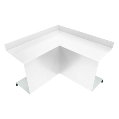 A white, L-shaped metal corner piece, often used in construction or home improvement projects. The Residential Series - Line Set Cover Inside Corner Elbows - Premium Quality by Perma Cover has a smooth surface and extends horizontally with a right-angle design, perfect for fitting into the corner of structures or furniture. Ideal for HVAC installations and line set covers.
