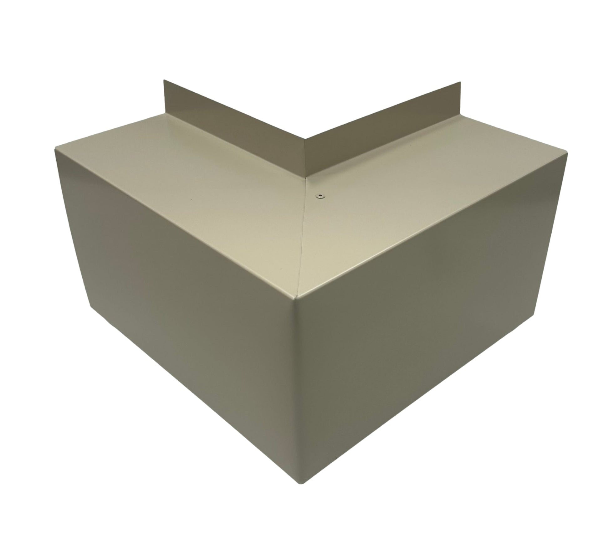 A beige, metal, V-shaped corner guard with sharp edges and a smooth surface. The Perma Cover Residential Series - Line Set Cover Outside Corner Elbows - Premium Quality product is designed to fit securely at the corner of a wall, offering protection against damage. It features simple and easy installation and is photographed against a plain white background.