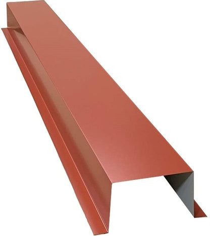 A rectangular piece of bent, red sheet metal with clean, sharp edges and precise folds. The metal has a seamless and durable finish and is shaped with a ridge and two vertical sections extending downward, resembling premium quality extensions for the Perma Cover Residential Series - Painted HVAC Line Set Cover Extensions - Additional 5 Foot Extension Section or flashing for roofing purposes.