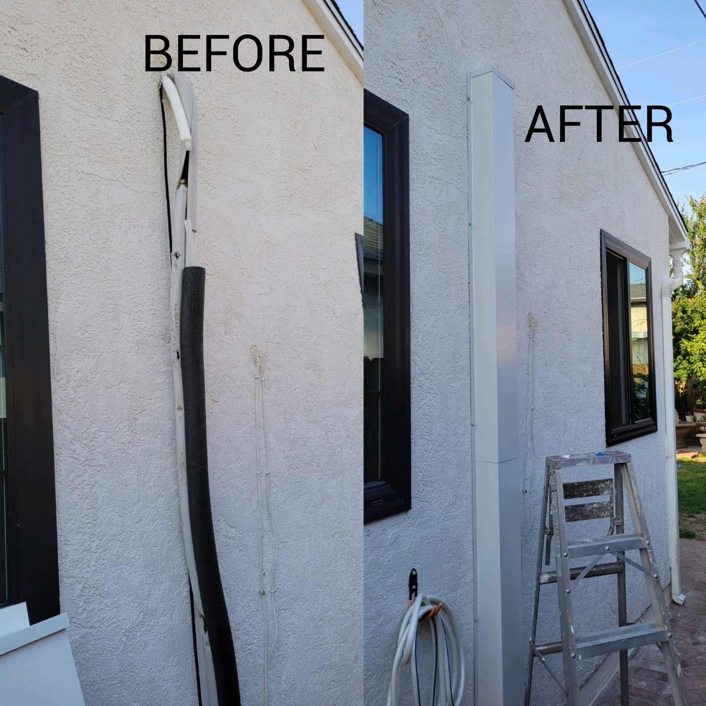Side-by-side images showcase the exterior of a house. The left image, labeled "BEFORE," displays exposed cables and mounting hardware. The right image, labeled "AFTER," highlights the cables neatly enclosed in a Perma Cover Residential Series - Copper Metal HVAC Line Set Covers - Pure Copper next to a window, with a ladder nearby.