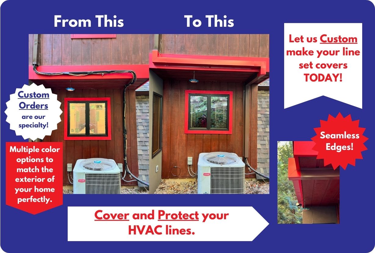 A before-and-after image showcases an outdoor HVAC system with exposed lines on the left and Perma Cover Residential Series - Copper Metal HVAC Line Set Covers - Pure Copper on the right. Text highlights the seamless edges, 16-ounce 24 gauge Pure Copper materials, and multiple color options to match home exteriors.