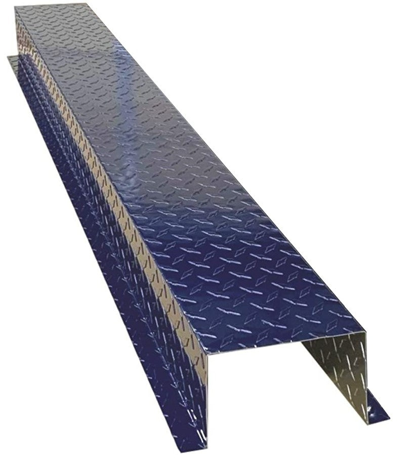 A long, blue metallic ramp or cover with a diamond plate pattern on the surface is shown. Made from sturdy material with aluminum diamond plate extensions, it has a rectangular shape and two flanges extending downward at the edges. The seamless finish adds to its sleek appearance. This is the Residential Series - Aluminum Diamond Plate HVAC Line Set Cover Extensions - Additional 5 Foot Extension Section by Perma Cover.
