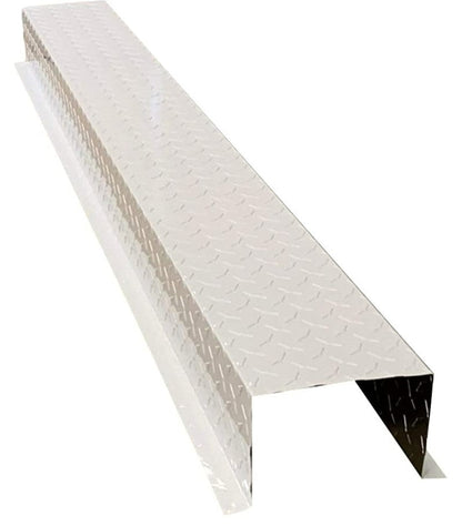 A Perma Cover Residential Series - Aluminum Diamond Plate HVAC Line Set Cover Extensions - Additional 5 Foot Extension Section designed for vehicles, enhanced with aluminum diamond plate extensions. The surface has a raised diamond pattern to provide extra grip, and the sides are angled down to fit snugly. The entire section features a seamless finish, reflecting light and enhancing its rugged appearance.