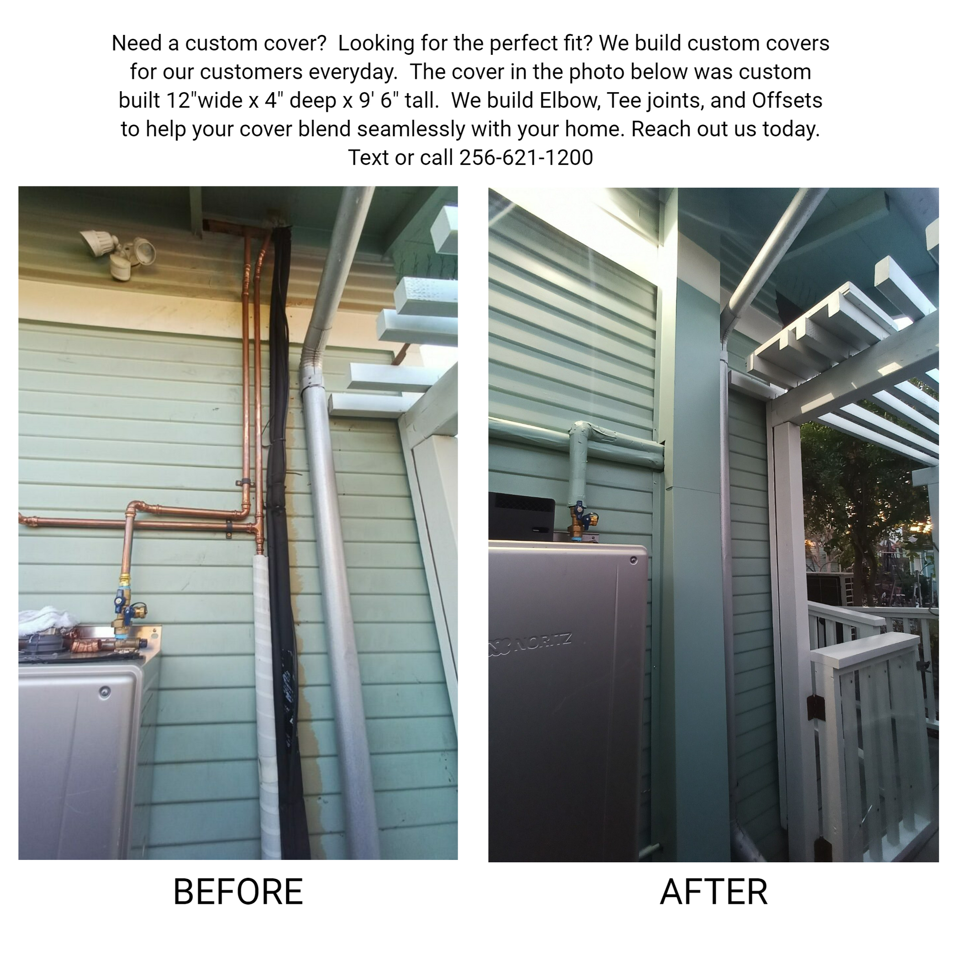 Two images illustrate a pipe installation on a house exterior, with text above explaining the service. The left image (BEFORE) shows an exposed pipe, while the right image (AFTER) displays the pipe neatly covered by Residential Series - Copper Metal HVAC Line Set Covers - Pure Copper from Perma Cover. A contact number is provided for this professional service.