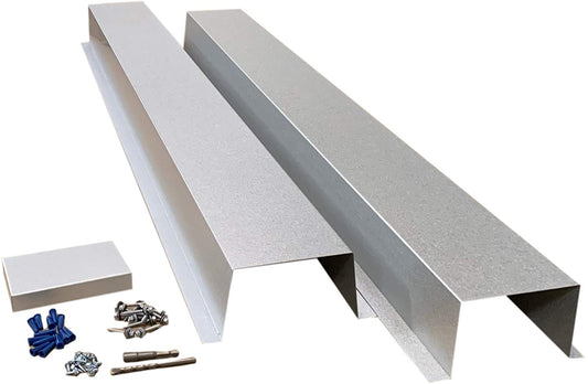 Image showing two long gray metal roof brackets, screws, plastic anchors, bolts, and a drill bit arranged on a white background. The L-shaped roof brackets feature open spaces and flanges for mounting purposes. These Perma Cover Residential Series - Galvanized & Unpainted Metal HVAC Line Set Covers are compatible with adjustable line set covers in multiple sizes.