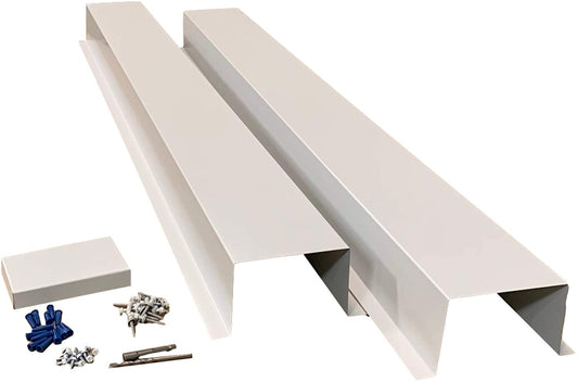 Perma Cover Residential Series - Painted Metal HVAC Line Set Covers - Premium Quality with two long rectangular channels, various screws, small plastic anchors, and a smaller rectangular cover. Made from 26 gauge steel and featuring a Valspar baked-on paint finish for durability, the simple design is perfect for organizing cables along walls or ceilings.
