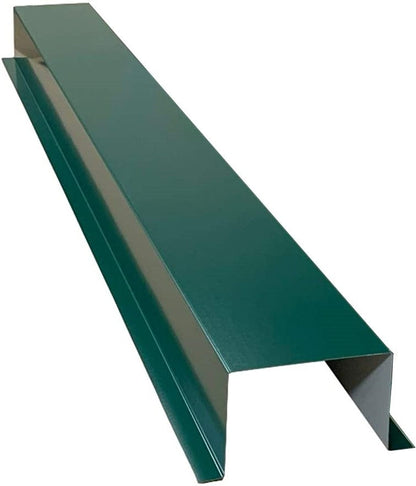 A green metal roof flashing with angular bends sits against a white background. The reflective quality of the metal creates slight highlights along the edges. This seamless and durable finish is designed to cover roof seams and protect against water ingress, ensuring premium quality extensions for your home, just like the Residential Series - Painted HVAC Line Set Cover Extensions - Additional 5 Foot Extension Section by Perma Cover.