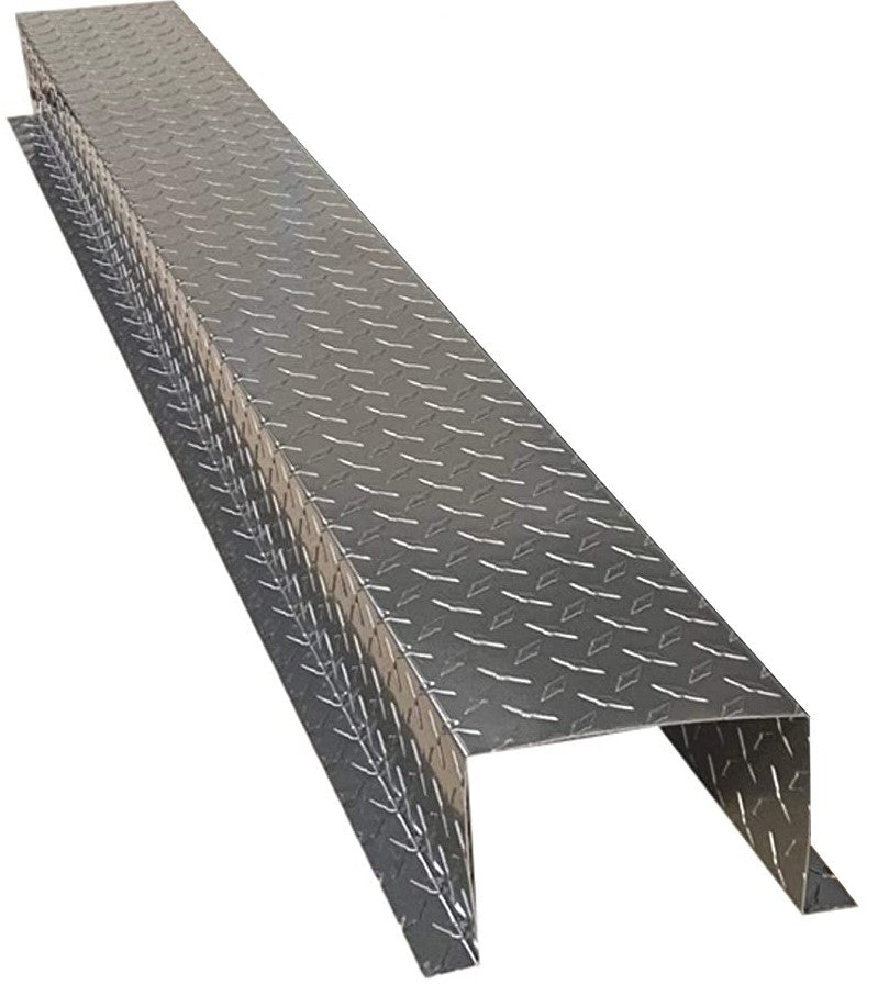A Residential Series - Aluminum Diamond Plate HVAC Line Set Cover Extensions - Additional 5 Foot Extension Section by Perma Cover, designed with two elevated sides and a flat middle section. The pattern on the metal surface is a series of small diamond shapes, providing traction. Featuring aluminum diamond plate extensions for added reach, the cover appears durable and suitable for heavy-duty use.
