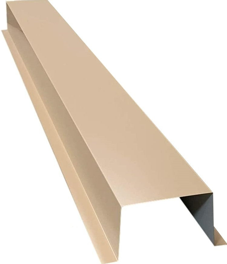 A beige piece of metal shaped into a right angle with an additional flange. The object has sharp edges and smooth surfaces, likely used in construction or manufacturing, possibly for trim or edge protection. The Residential Series - Painted HVAC Line Set Cover Extensions - Additional 5 Foot Extension Section by Perma Cover ensures a seamless and durable finish for any project.