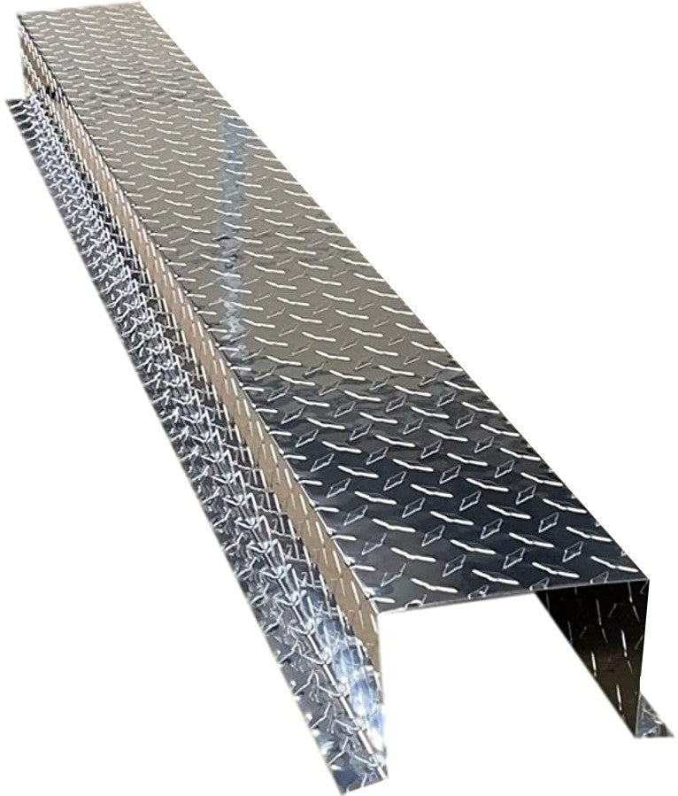 A Residential Series - Aluminum Diamond Plate HVAC Line Set Cover Extensions - Additional 5 Foot Extension Section, by Perma Cover, rectangular in shape, possibly used as a truck or trailer fender. The textured surface shows a repeating pattern of raised diamonds for a non-slip quality. Made from aluminum diamond plate extensions, the metal appears sturdy and durable, designed for heavy-duty use with a seamless finish.