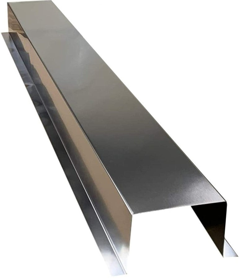 A shiny, metal bridge piece designed for installation atop a freestanding range, providing coverage and a seamless finish between two countertop surfaces. This premium quality extension has a rectangular shape with a flat top and two flanges extending down from each side. Introducing the Perma Cover Residential Series - Stainless Steel HVAC Line Set Cover Extensions - Additional 5 Foot Extension Section.