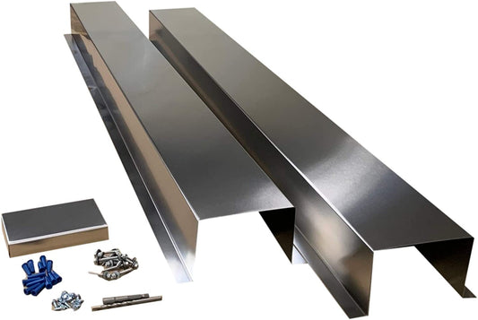 Components for a metal door frame assembly kit, including two long metallic pieces, a shorter rectangular piece, screws, blue wall anchors, nuts, and a metal hinge. All items are arranged on a white background alongside Perma Cover Residential Series - Stainless Steel Metal HVAC Line Set Covers - Premium Quality.