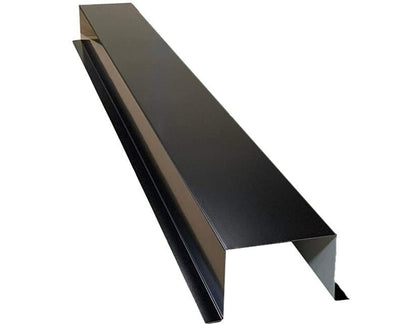 A long, black metal Residential Series - Painted HVAC Line Set Cover Extensions - Additional 5 Foot Extension Section by Perma Cover with sharp, clean edges, shown on a white background. The cover extensions are characterized by their angular profile, commonly used in construction to deflect water away from roof intersections or edges. They boast a seamless and durable finish for lasting protection.