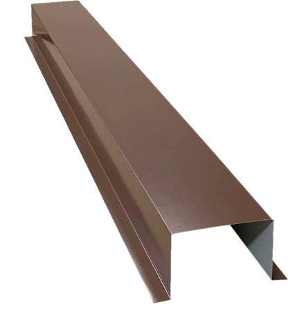 A brown rectangular metal channel with one wide, flat side and two narrow sides extending perpendicular to it, forming an open-bottomed box shape. This Perma Cover Residential Series - Painted HVAC Line Set Cover Extensions - Additional 5 Foot Extension Section boasts a seamless and durable finish, perfect for construction or structural support purposes.