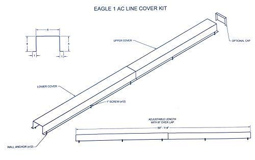 Diagram illustration of the Perma Cover Residential Series - Stainless Steel Metal HVAC Line Set Covers - Premium Quality. Includes labeled parts: upper cover, lower cover, 1" screw (#12), adjustable length with a 6" overlap (87"-114"), wall anchor, and an optional cap. Labeled cross-section provided on the top left.