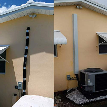 A side-by-side comparison of an exterior house wall before and after installation of Perma Cover Commercial Series - 24 Gauge Painted Metal HVAC Line Set Covers - Heavy Duty, Multiple Sizes & Colors. The left side shows an exposed, insulated line set, while the right side shows the same line set neatly concealed by a 24 gauge painted metal protective cover, ensuring effective HVAC line protection.