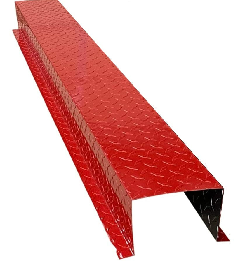 A red metal ramp with an aluminum diamond plate texture. It has a rectangular shape and is designed with raised edges for added traction. The Residential Series - Aluminum Diamond Plate HVAC Line Set Cover Extensions - Additional 5 Foot Extension Section by Perma Cover, featuring seamless finish extensions, is displayed on a plain white background.