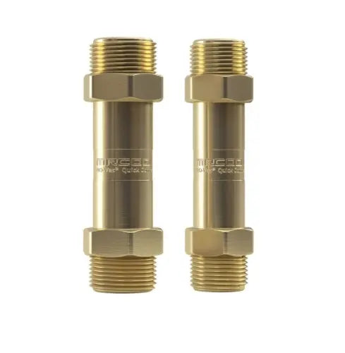 Two MRCOOL 3/8 X 3/4 Couplers for Universal & HyperHeat Series Quick Connect Couplers, featuring double-threaded ends and hexagonal sections in the middle for wrench tightening, are positioned vertically side by side against a plain white background.