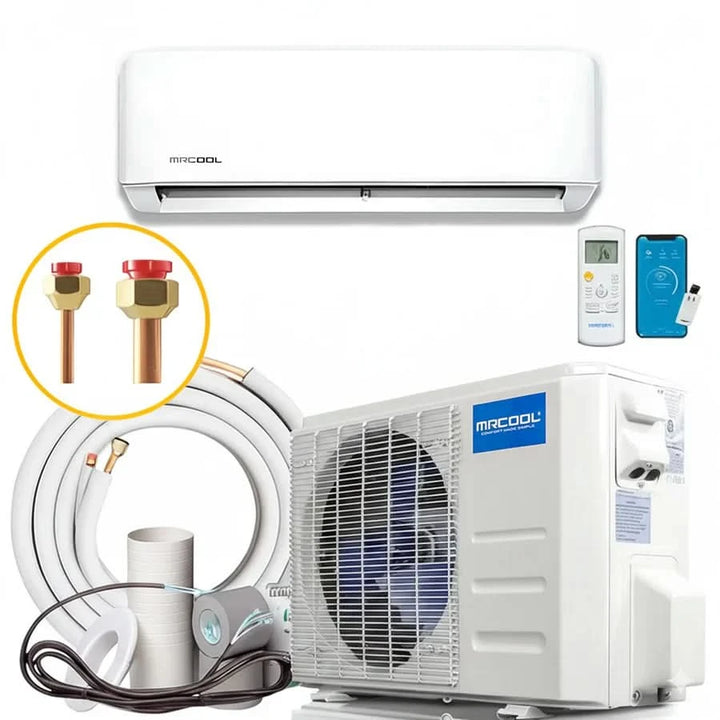MRCOOL ductless mini-split system with wall-mounted indoor unit, outdoor condenser, line set and controls