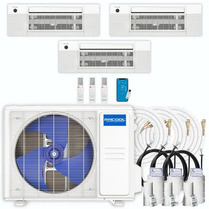 MRCOOL DIY multi-zone system with ceiling cassette indoor units, outdoor condenser, line sets and controls