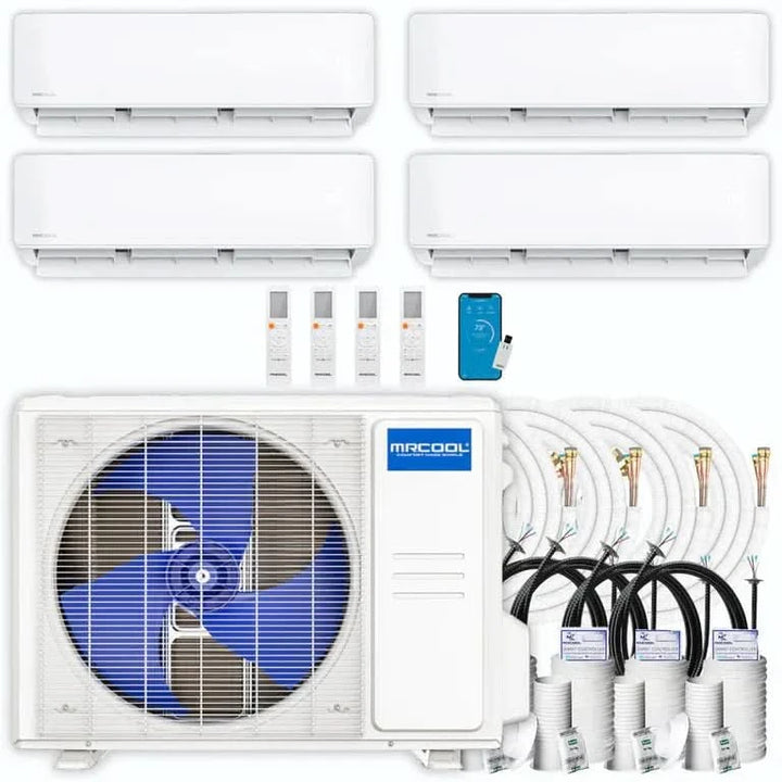 MRCOOL DIY multi-zone system with wall-mounted indoor units, outdoor condenser, line sets and controls