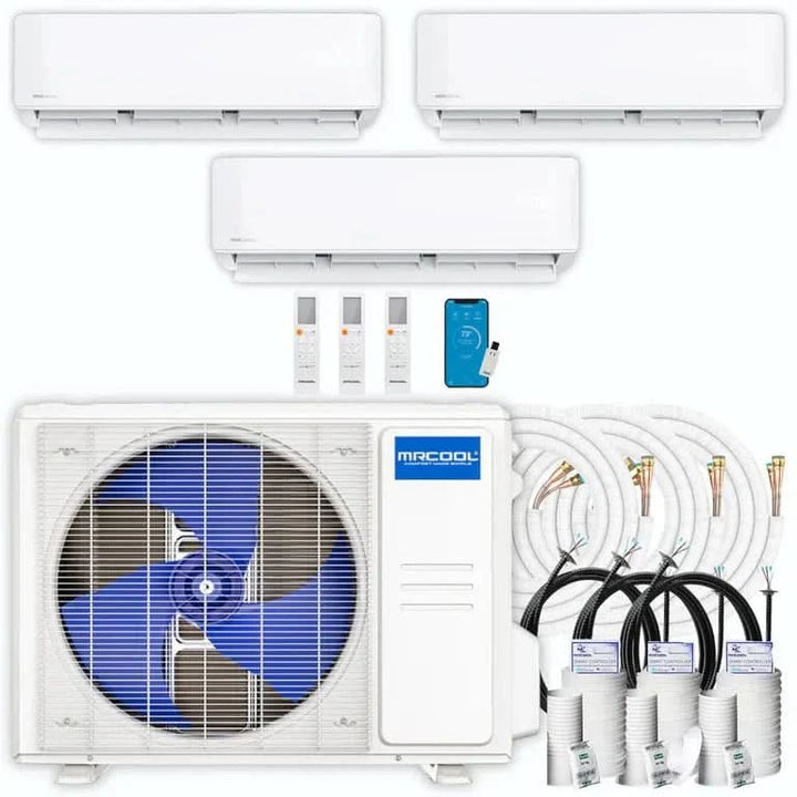 MRCOOL DIY multi-zone system with wall-mounted indoor units, outdoor condenser, line sets and controls