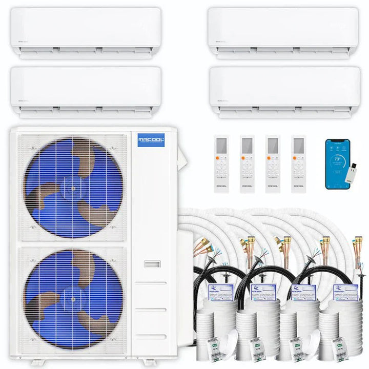 MRCOOL DIY multi-zone system with wall-mounted indoor units, outdoor condenser, line sets and controls