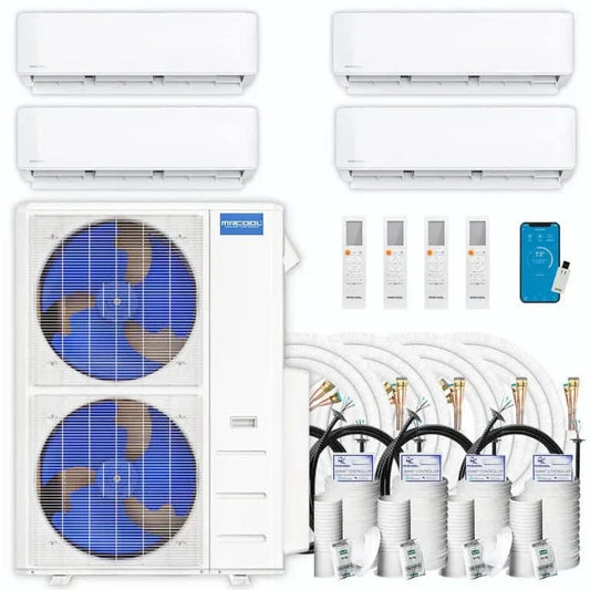 MRCOOL DIY four-zone system with four wall-mounted indoor units, two-fan condenser, line sets and controls