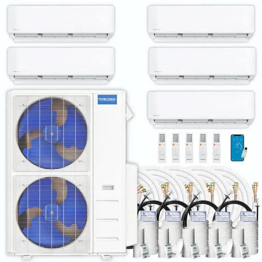 MRCOOL DIY five-zone system with five wall-mounted indoor units, two-fan condenser, line sets and controls