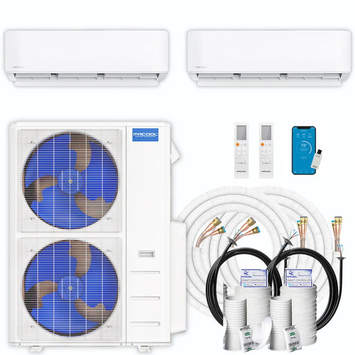 MRCOOL DIY multi-zone system with wall-mounted indoor units, outdoor condenser, line sets and controls