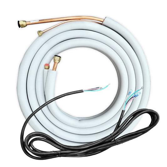 Coiled white MRCOOL DIY Direct 16FT 3/8" x 5/8" Flared Line Set Kit for 24K Olympus and Advantage Mini Split, MC16-3858 with attached copper tubing and insulated black power cables, isolated on white background.
