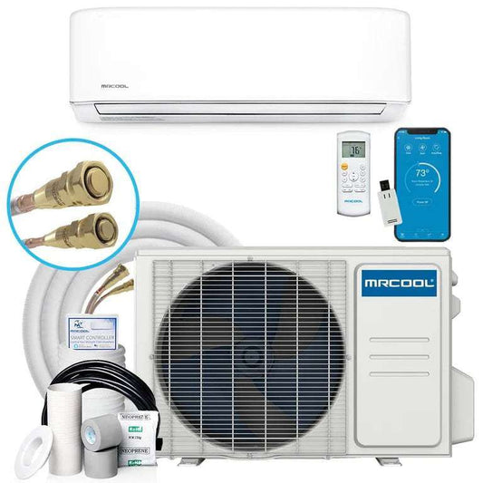 A Easy Pro DIY 12K BTU Ductless Mini Split Heat Pump Complete System, featuring the indoor unit, outdoor compressor, remote control, and installation accessories including copper pipes and electrical wiring
