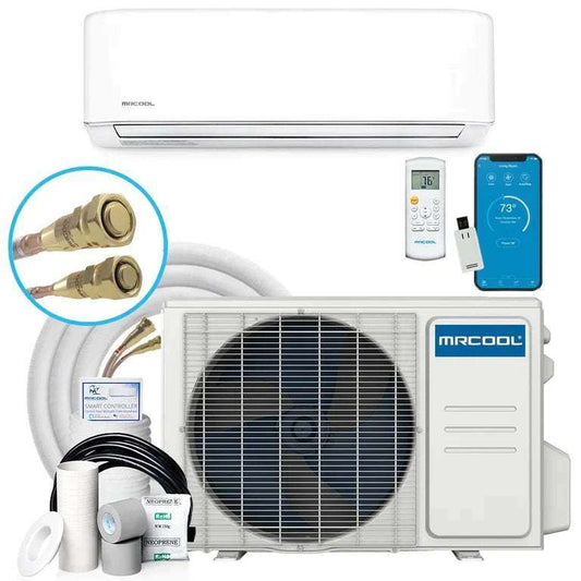 An Easy Pro air conditioner system composed of a MRCOOL DIY Easy Pro® 18K BTU Ductless Mini Split Heat Pump, an outdoor compressor, remote control, and installation accessories including copper pipes and wiring.