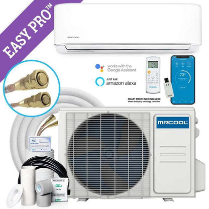 Easy Pro Ductless Mini-Split Heat Pump system, featuring indoor and outdoor units, wireless remote, accessories, and compatibility with Google Assistant and Amazon Alexa.