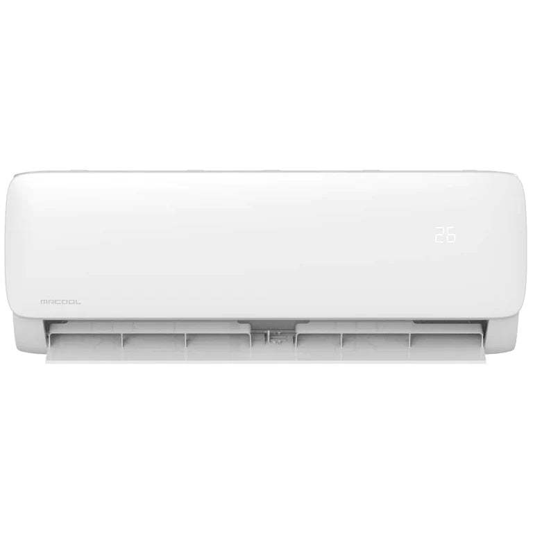 A modern Easy Pro DIY 12K BTU ductless mini-split heat pump by MRCOOL, mounted on the wall, displaying a temperature of 26 degrees Celsius on its digital screen.