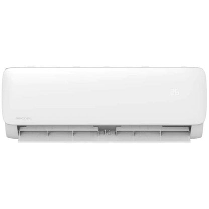 A modern Easy Pro DIY 12K BTU ductless mini-split heat pump by MRCOOL, mounted on the wall, displaying a temperature of 26 degrees Celsius on its digital screen.