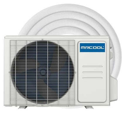 An outdoor Easy Pro central air conditioning unit with the brand name "MRCOOL" displayed on the side. The unit has a large circular fan and white casing.