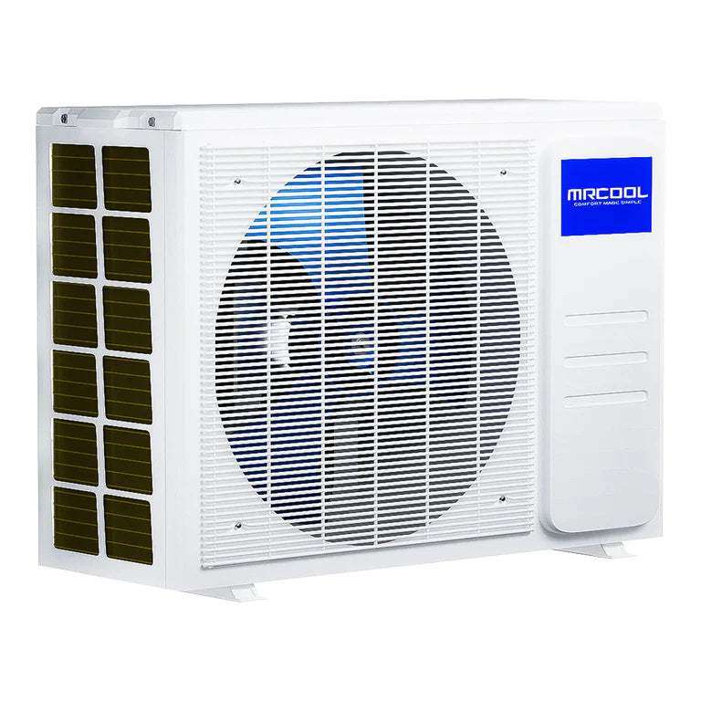 A Easy Pro 12K BTU Ductless Mini Split Heat Pump outdoor unit, featuring a large circular fan surrounded by white and metallic casing with the Easy Pro logo on the top right.