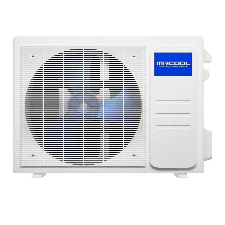 A Easy Pro 12K BTU ductless mini-split heat pump outdoor unit featuring a large fan centered behind a protective grille with a white and blue casing.