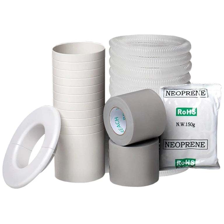 A collection of white Easy Pro HVAC technology supplies including stacked pipes, fittings, a roll of tape, and a sealed pack labeled "neoprene." All components are set against a plain background.