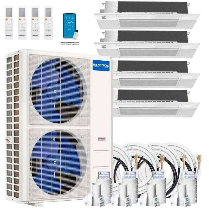 MRCOOL multi-zone mini-split system with outdoor condenser, four ceiling cassette indoor units, controls, and line sets