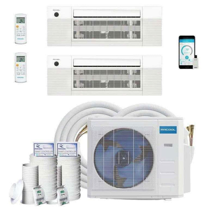 MRCOOL DIY two-zone system with two ceiling cassettes, outdoor condenser, line sets and controls