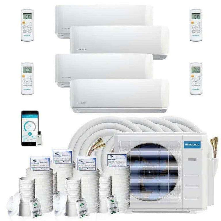 MRCOOL DIY four-zone system with four wall-mounted indoor units, outdoor condenser, line sets and controls